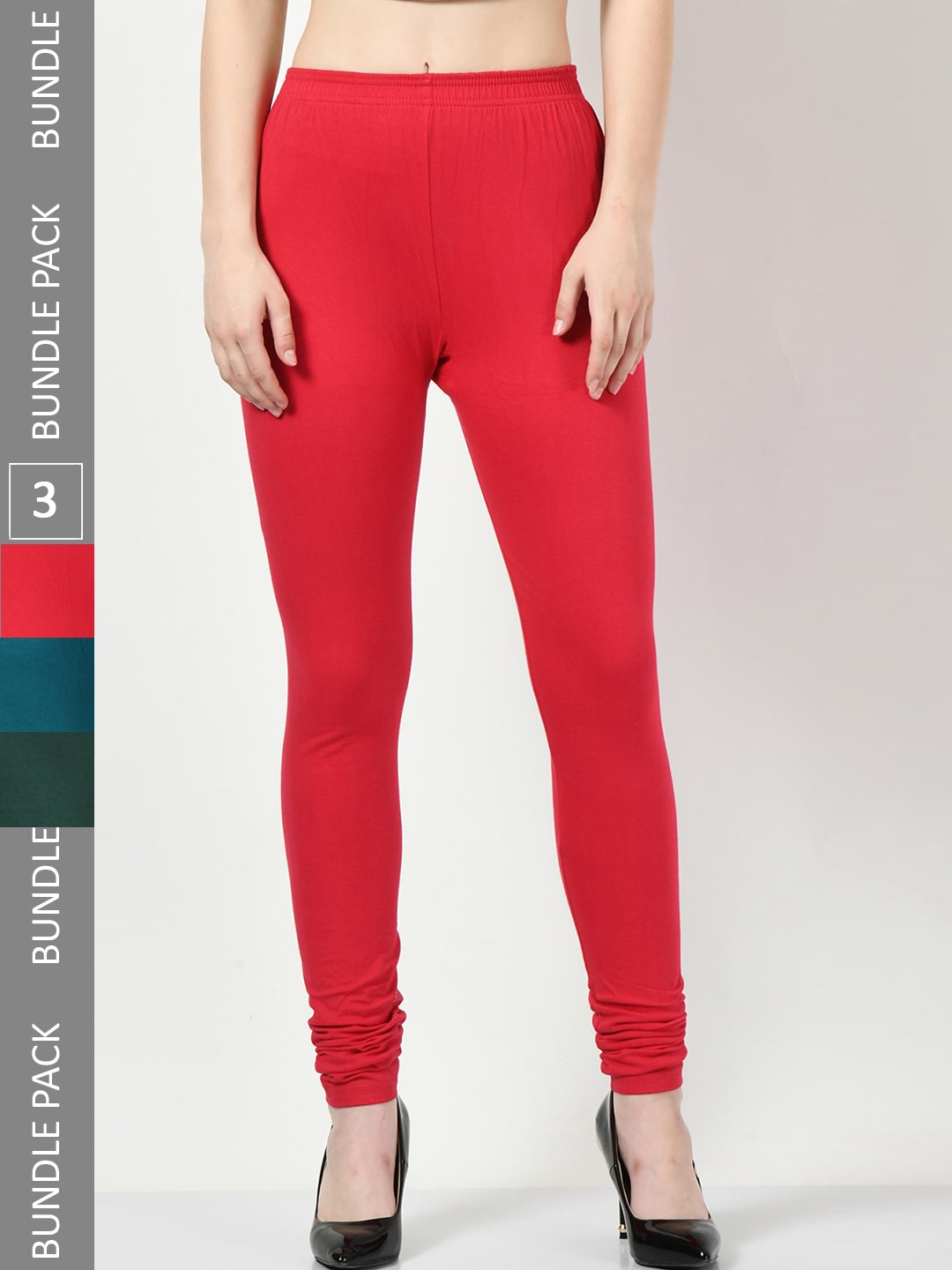 

BAESD Women Pack Of 3 Churidar-Length Cotton Lycra Leggings, Red