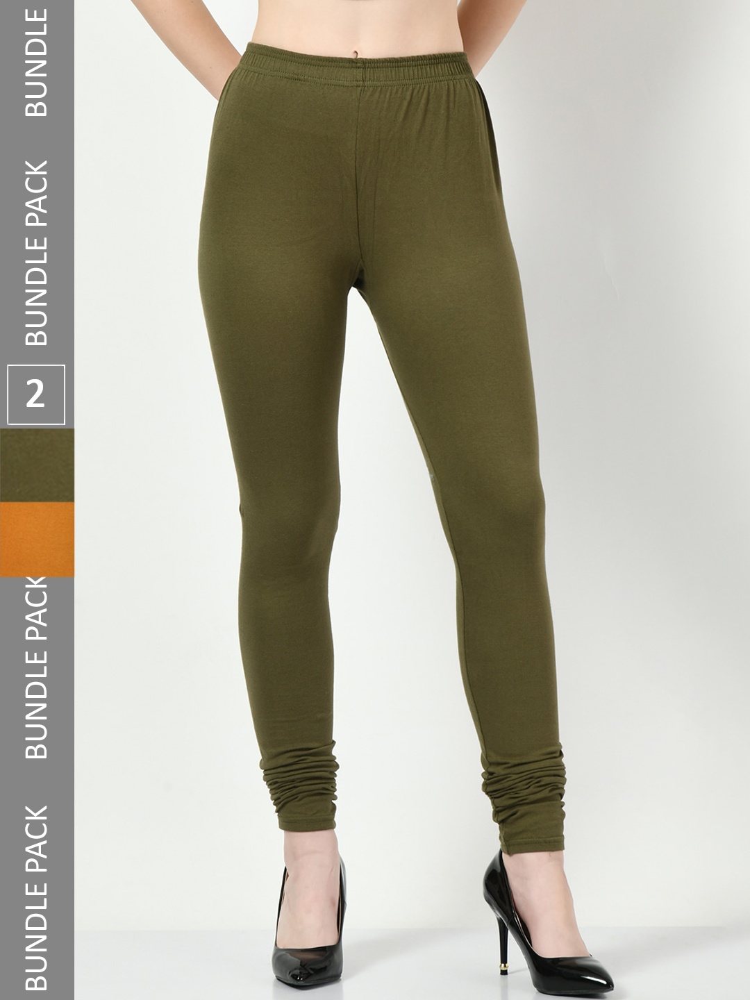 

BAESD Pack Of 2 Mid-Rise Cotton Lycra Churidar-Length Leggings, Olive