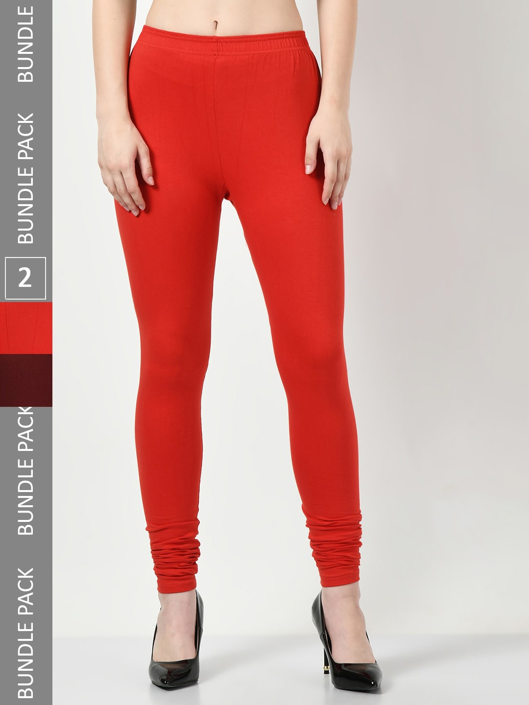 

BAESD Women Pack Of 2 Churidar-Length Leggings, Red