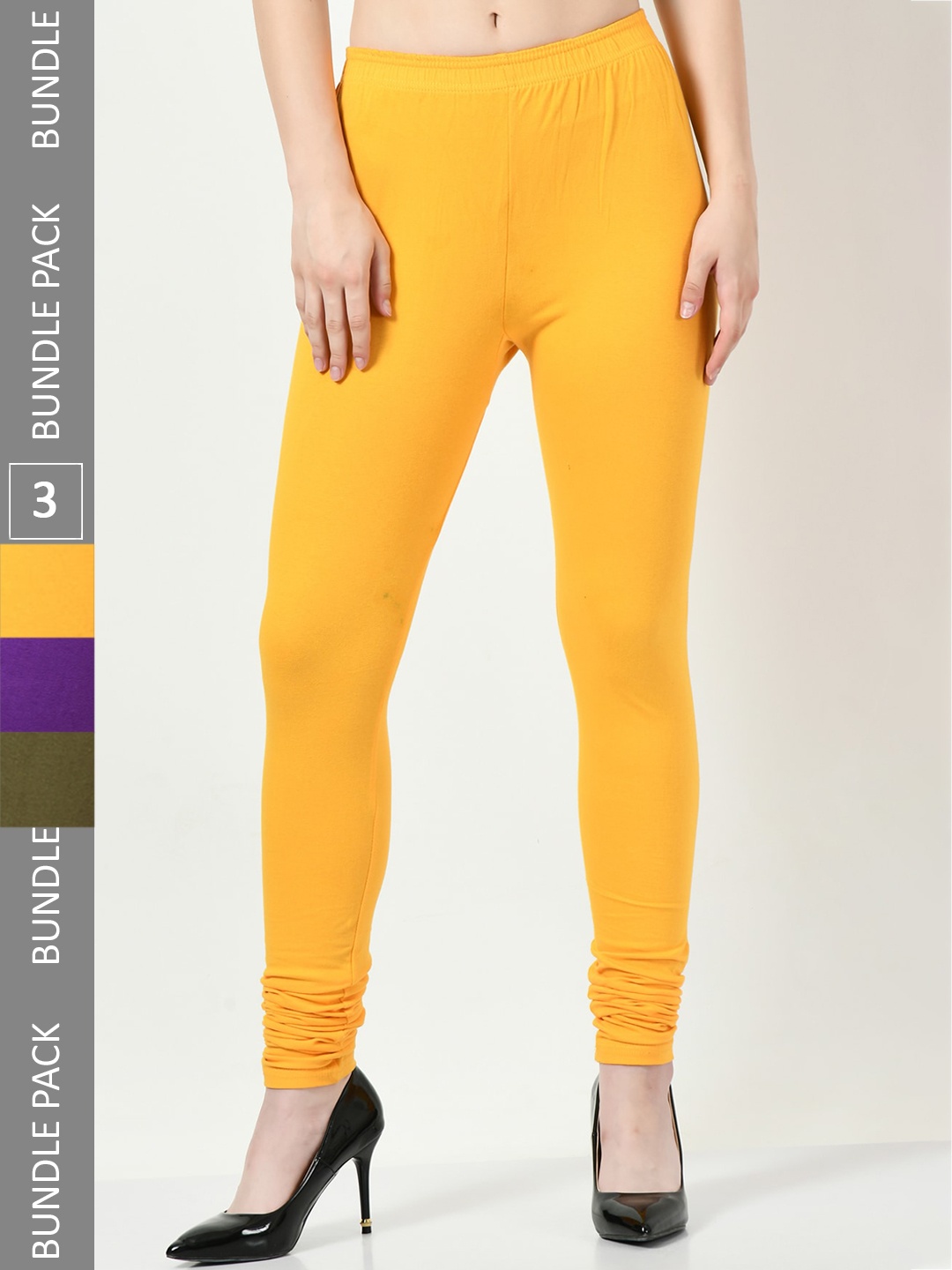 

BAESD Women Pack Of 3 Churidar-Length Leggings, Yellow