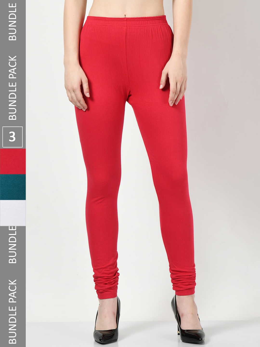 

BAESD Pack Of 3 Slim-Fit Churidar-Length Cotton Lycra Leggings, Red