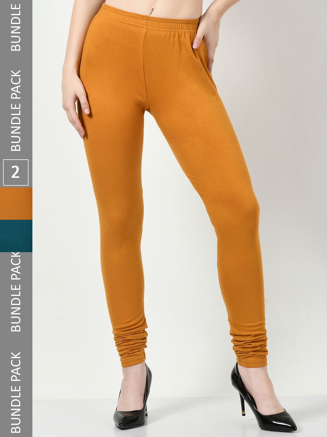 

BAESD Women Pack Of 2 Churidar-Length Cotton Leggings, Mustard