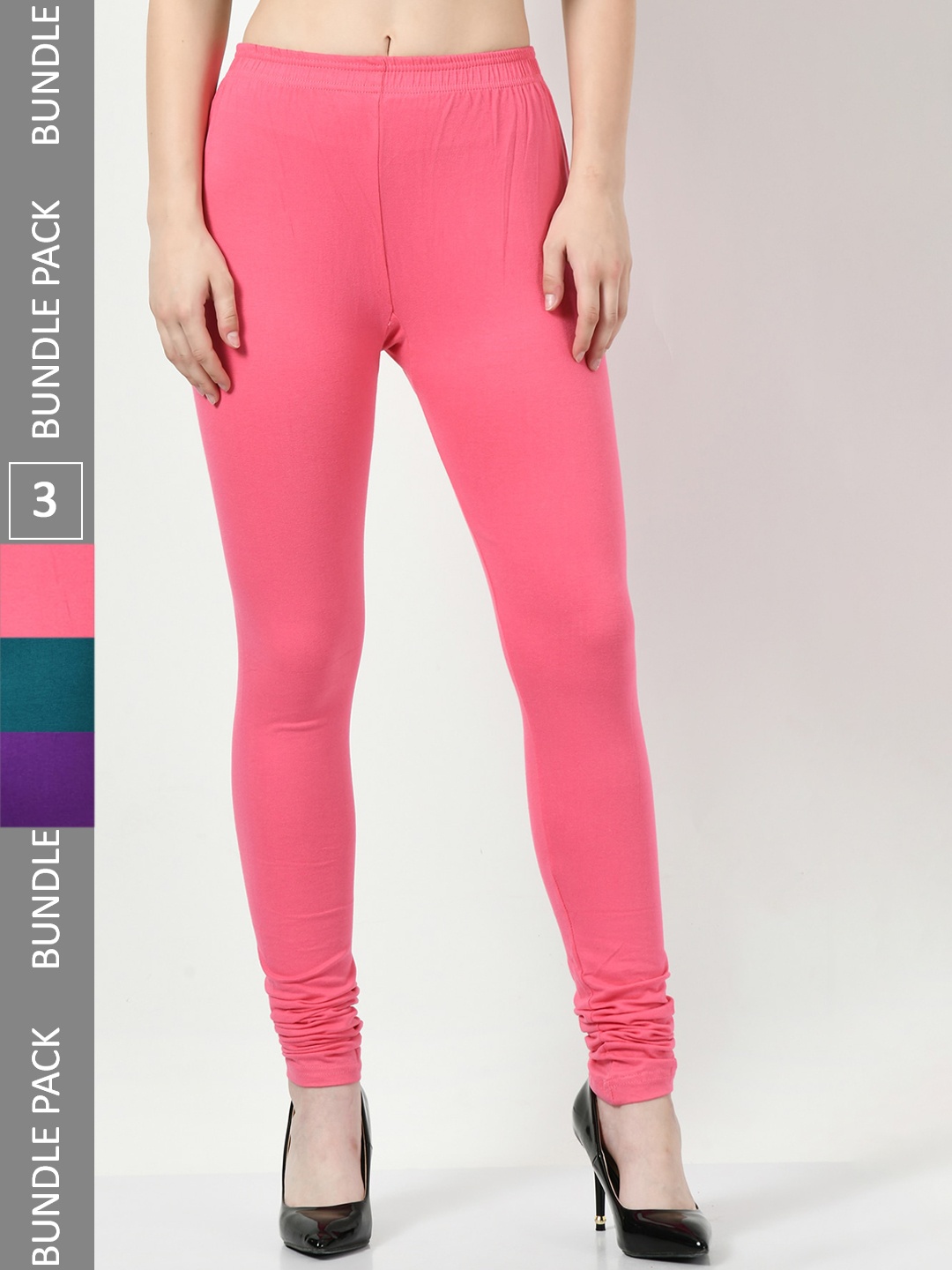 

BAESD Women Pack Of 3 Churidar-Length Leggings, Pink