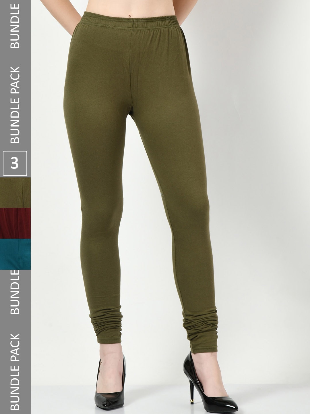 

BAESD Pack Of 3 Churidar-Length Soft Cotton Lycra Leggings, Olive