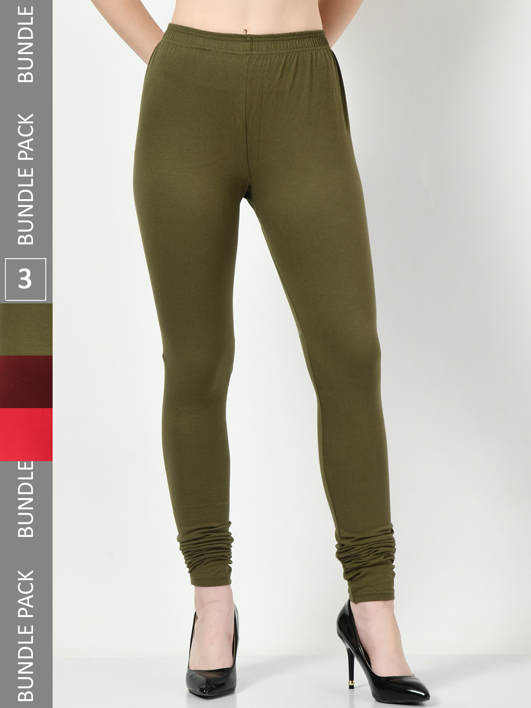 

BAESD Pack Of 3 Churidar-Length Cotton Lycra Leggings, Olive