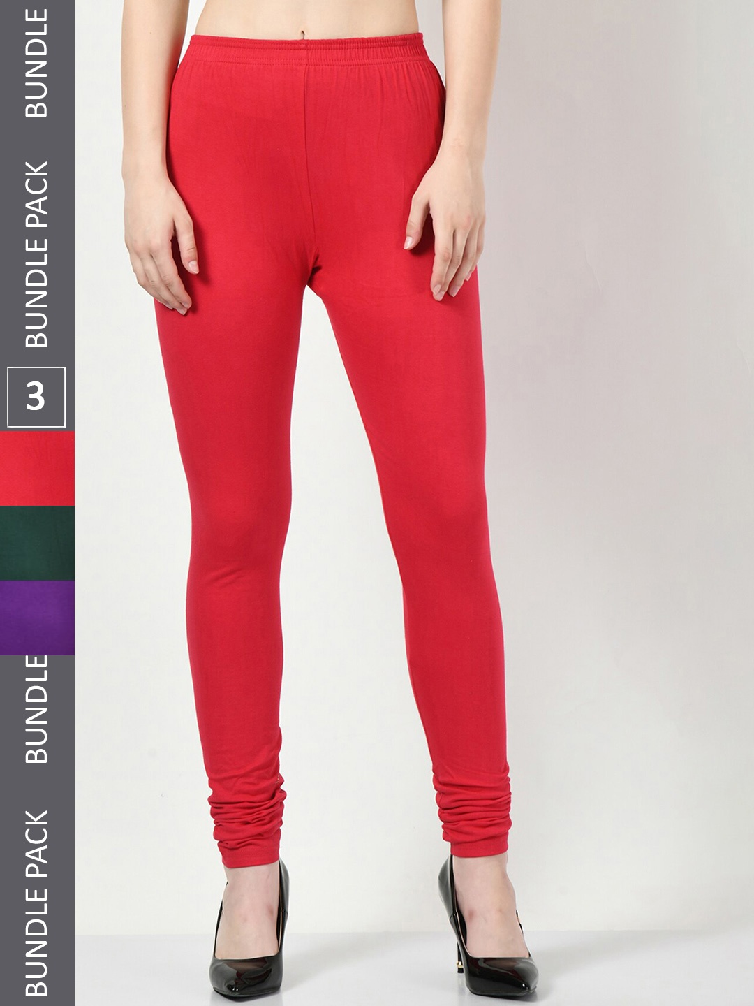 

BAESD Women Pack Of 3 Churidar-Length Leggings, Red