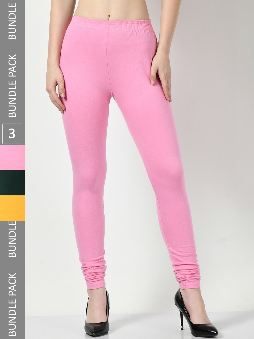 

BAESD Pack Of 3 Mid-Rise Cotton Lycra Churidar Length Leggings, Pink