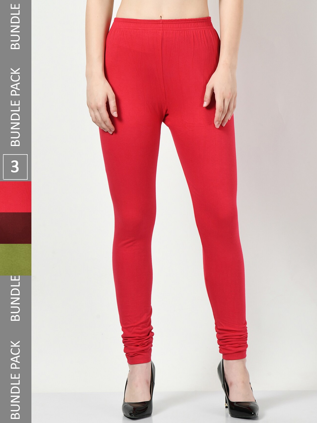 

BAESD Pack Of 3 Slim-Fit Soft Churidar Length Leggings, Red