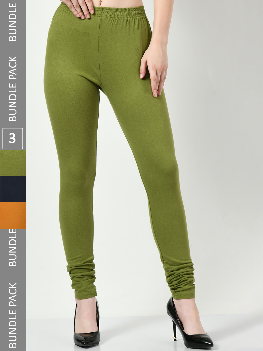 

BAESD Pack Of 3 Cotton Lycra Churidar-length Leggings, Olive