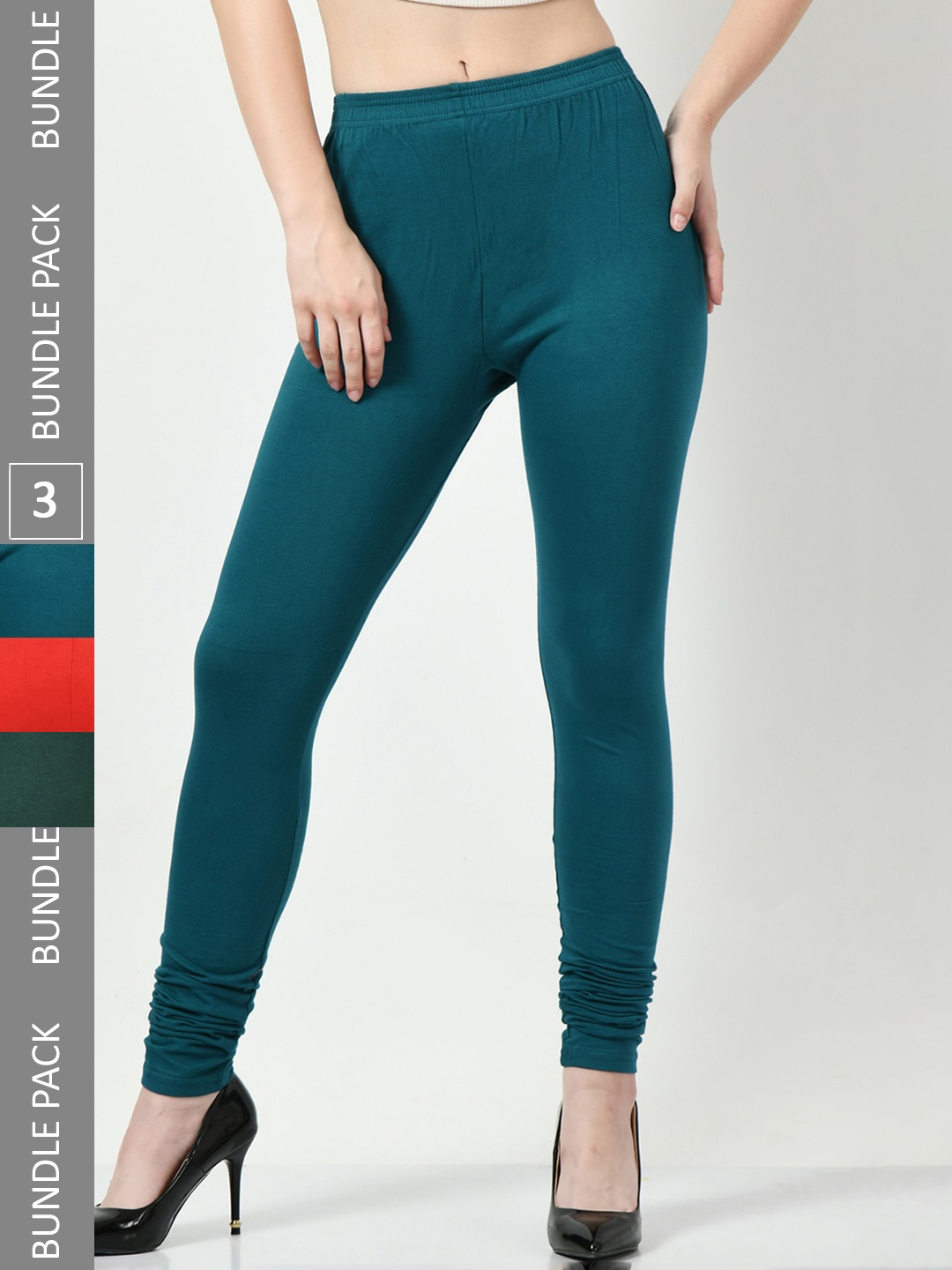 

BAESD Pack Of 3 Churidar-Length Cotton Lycra Leggings, Teal