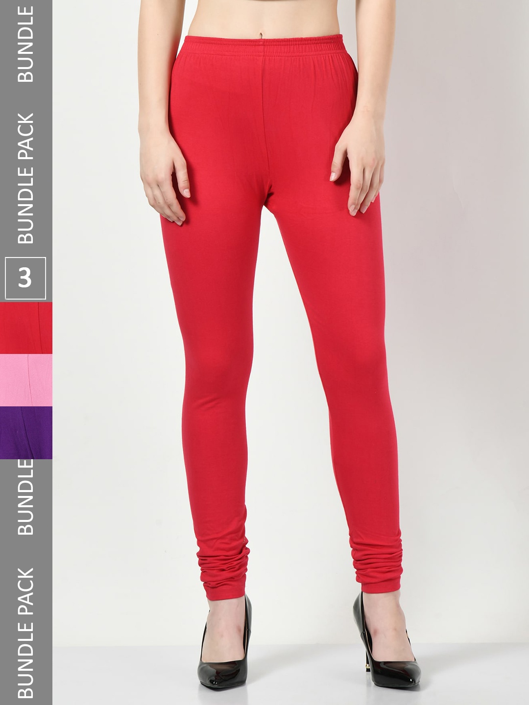 

BAESD Pack Of 3 Mid-Rise Cotton Lycra Churidar Length Leggings, Red