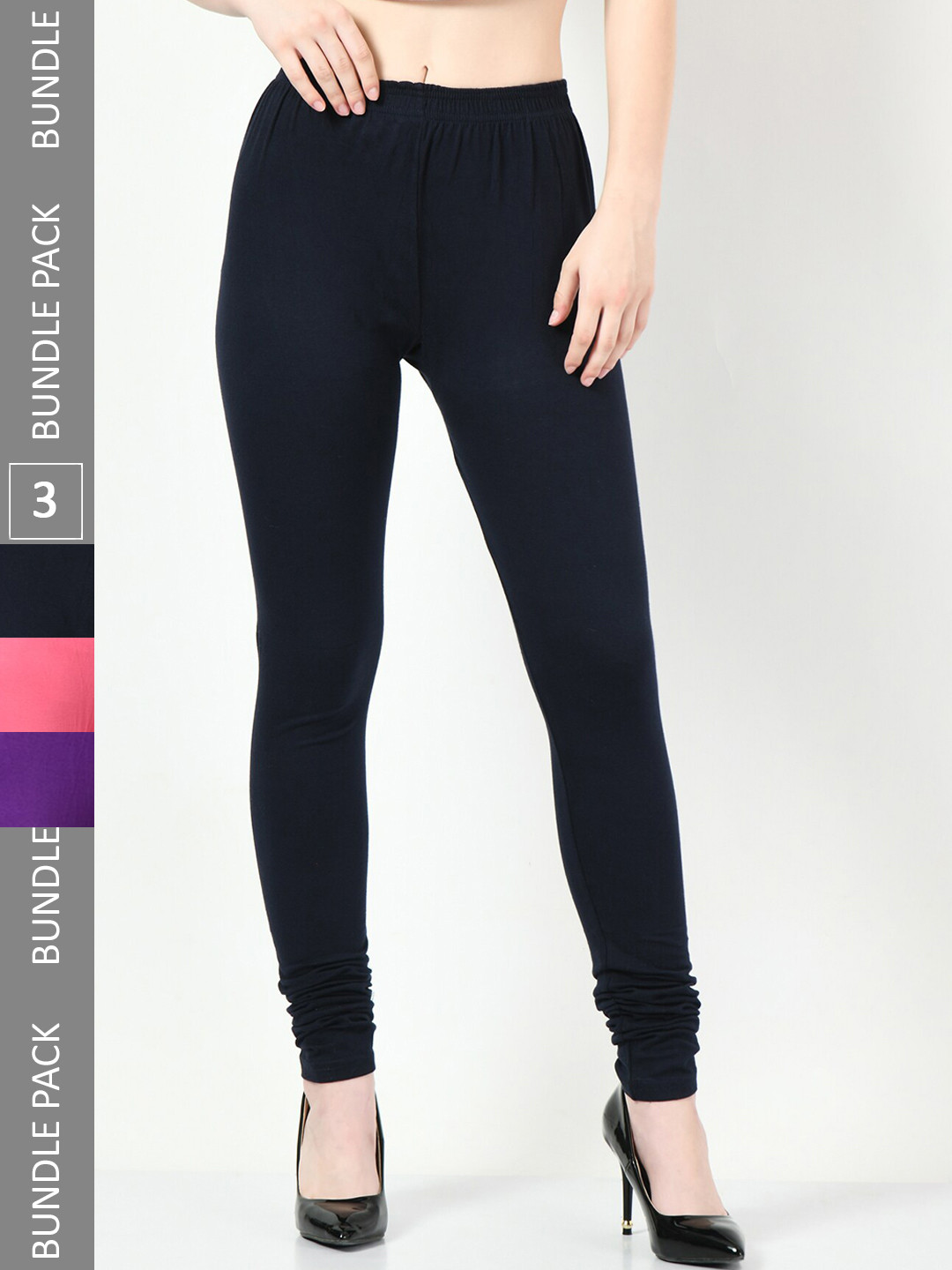 

BAESD Pack Of 3 Churidar Length Soft Cotton Lycra Leggings, Navy blue