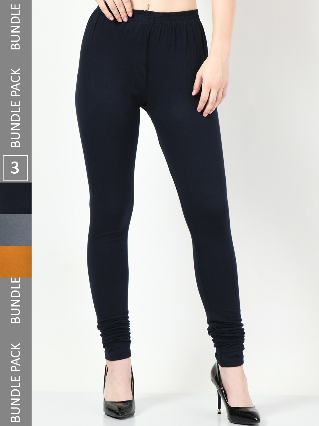 

BAESD Pack Of 3 Mid-Rise Cotton Lycra Churidar Length Leggings, Navy blue