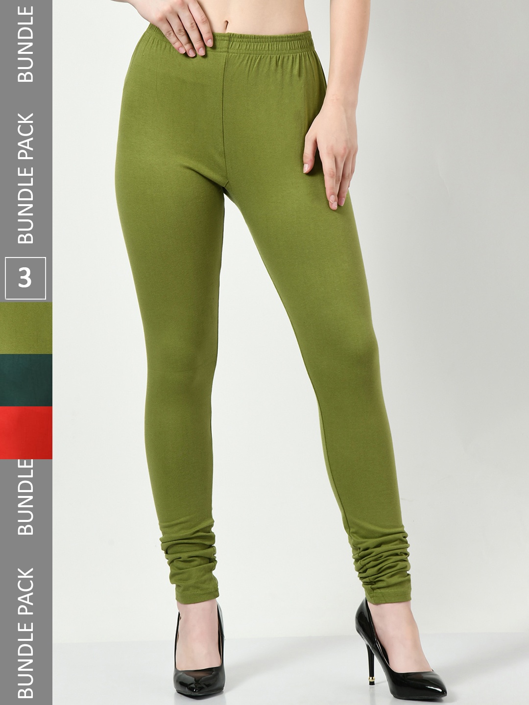 

BAESD Pack Of 3 Slim Fit Churidar-Length Cotton Lycra Leggings, Olive