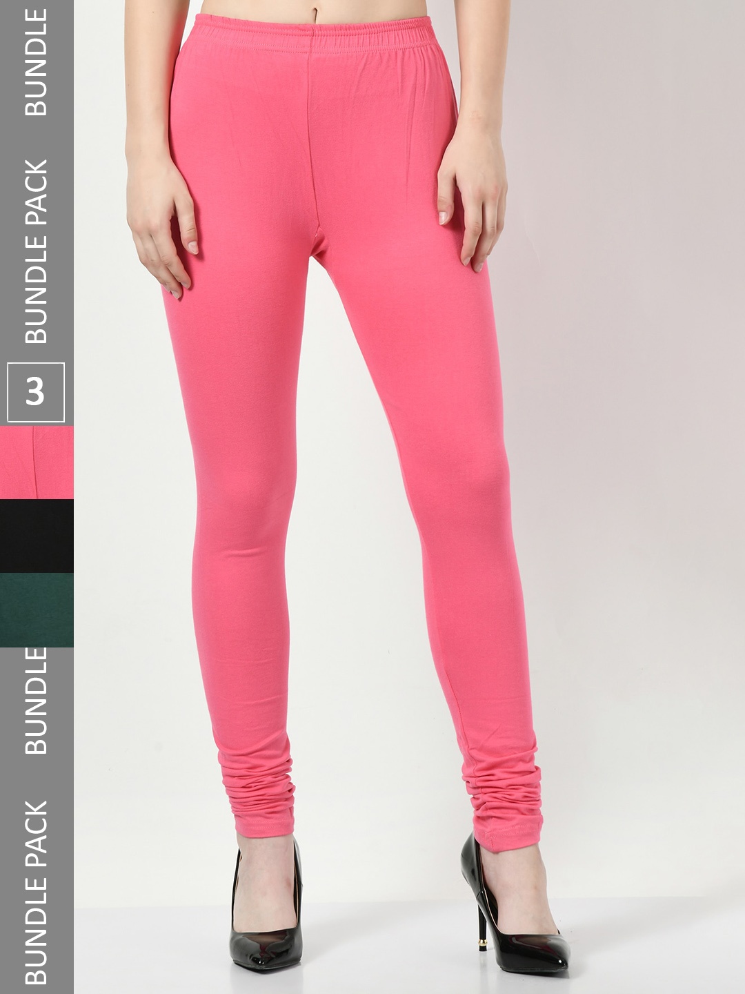 

BAESD Pack Of 3 Slim Fit Churidar-Length Cotton Lycra Leggings, Pink