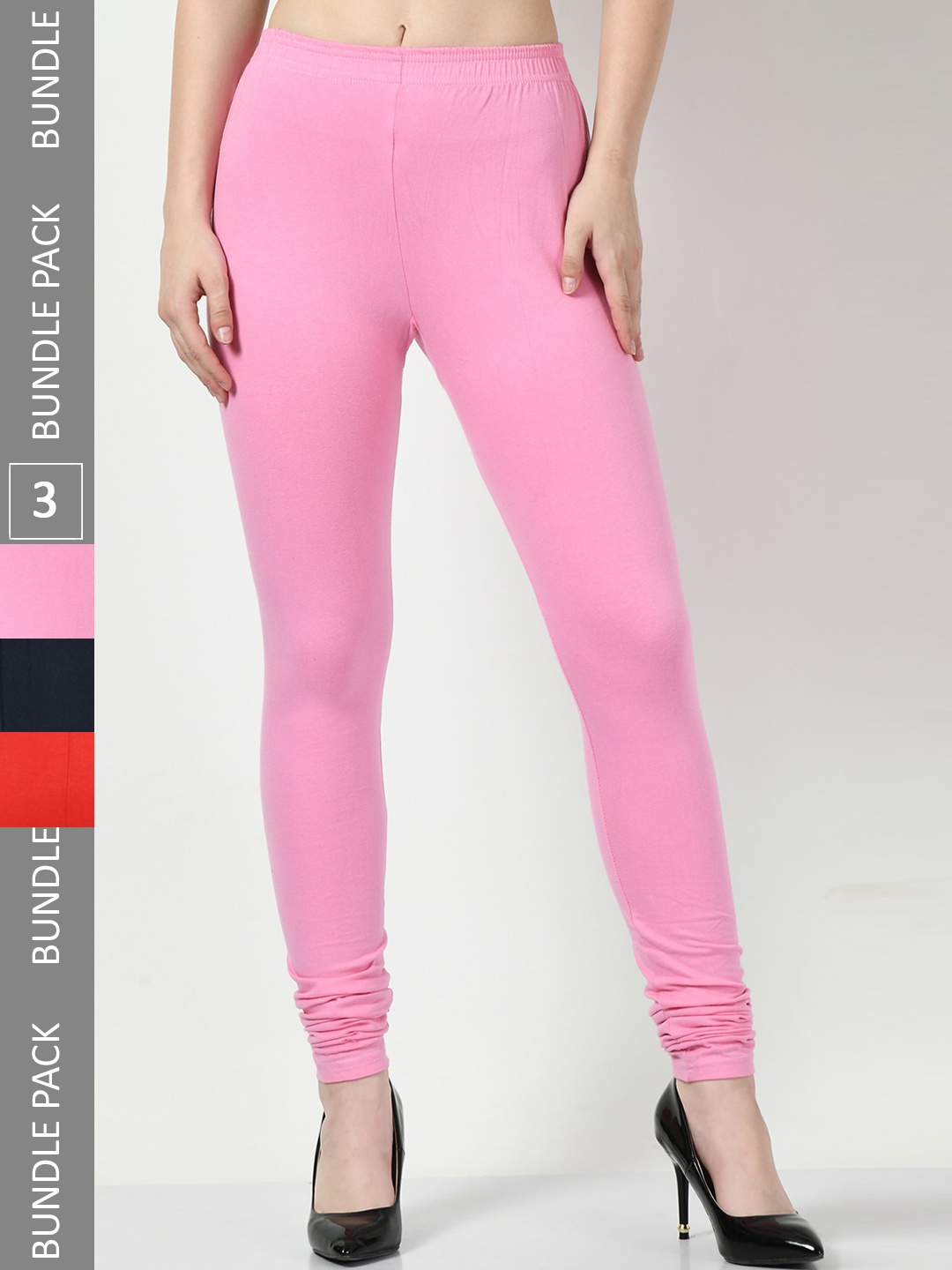 

BAESD Pack Of 3 Cotton Lycra Churidar Length Slim Fit Leggings, Pink