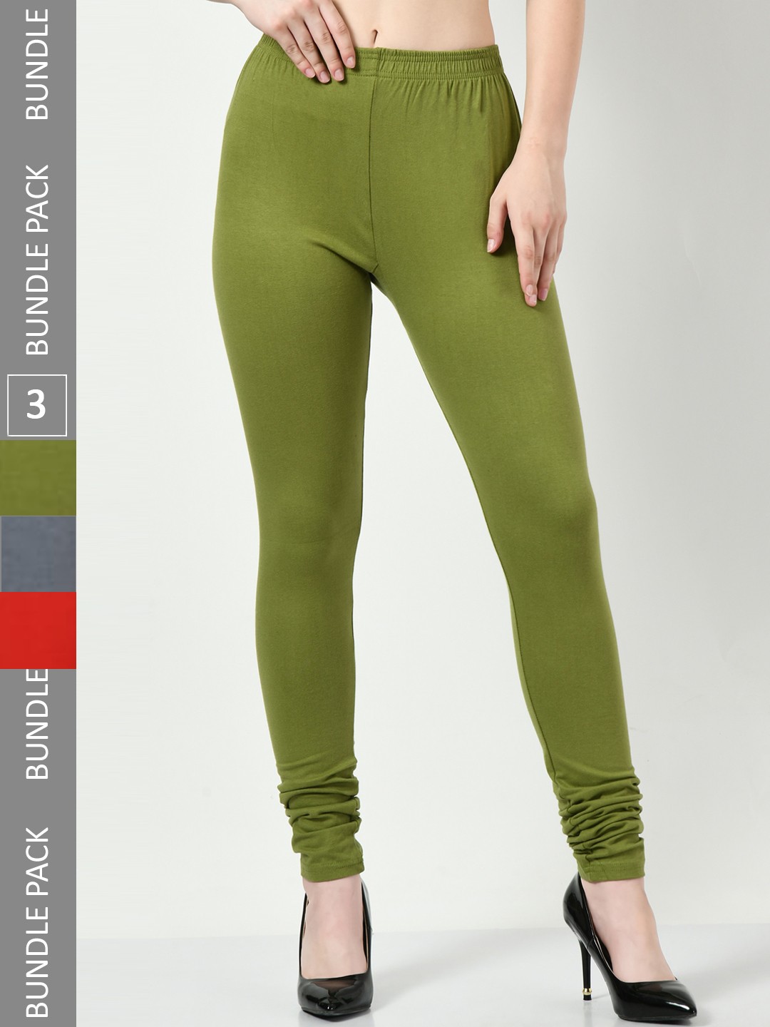 

BAESD Women Pack Of 3 Slim-Fit Churidar-Length Cotton Lycra Leggings, Green