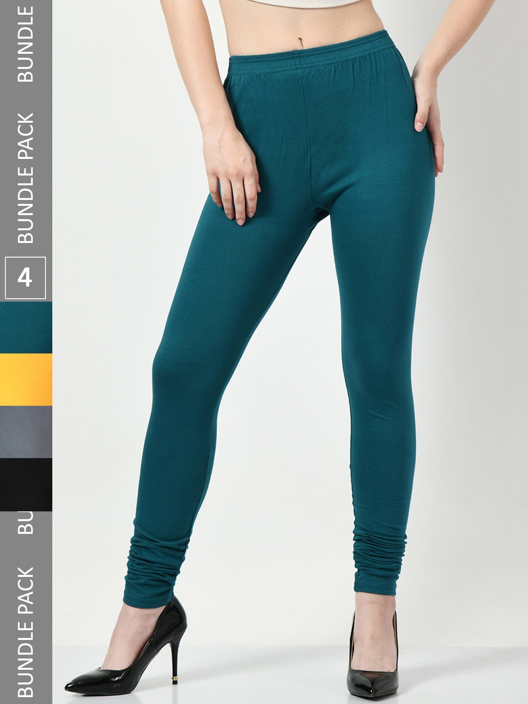 

BAESD Pack Of 4 Slim Fit Churidar-Length Cotton Lycra Leggings, Green