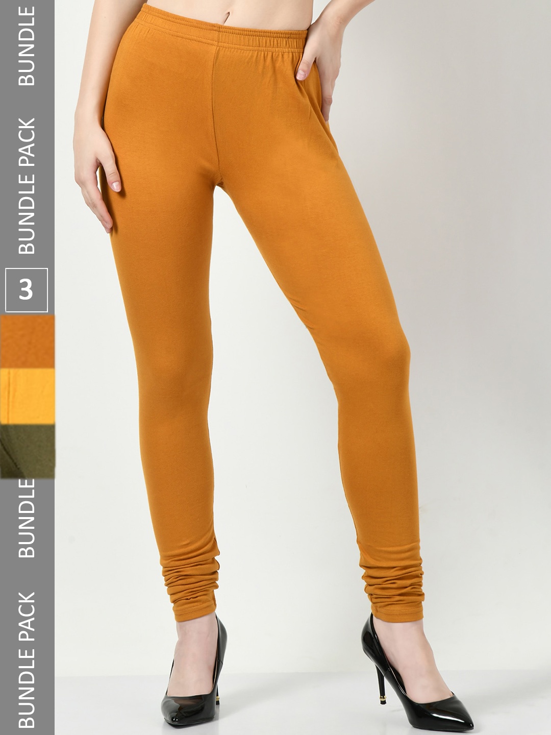 

BAESD Pack Of 3 Slim Fit Churidar-Length Cotton Lycra Leggings, Mustard