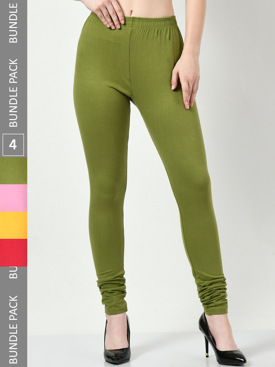 

BAESD Women Pack Of 4 Slim-Fit Churidar-Length Cotton Lycra Leggings, Olive