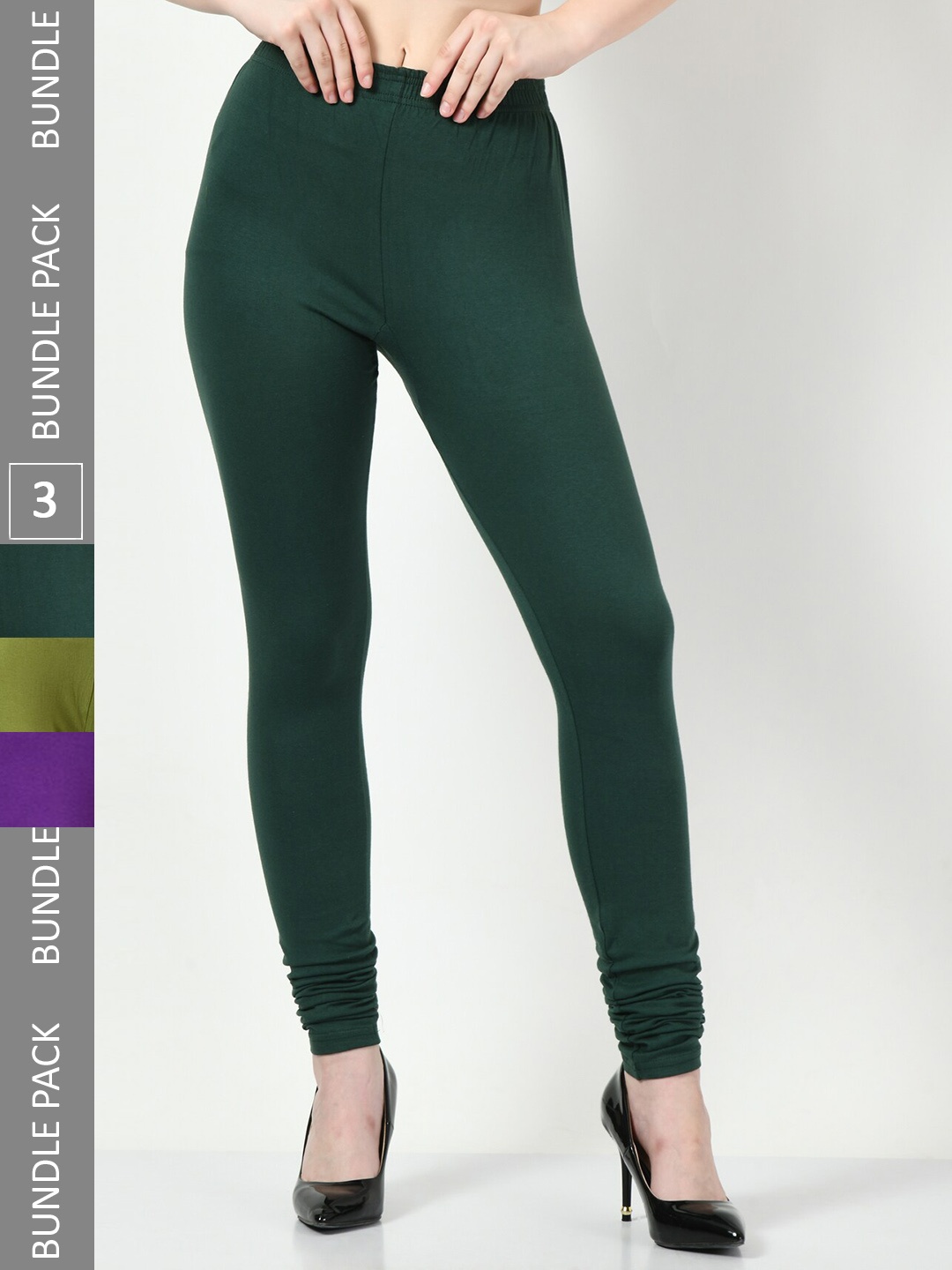 

BAESD Pack Of 3 Cotton Lycra Churidar-Length Leggings, Green
