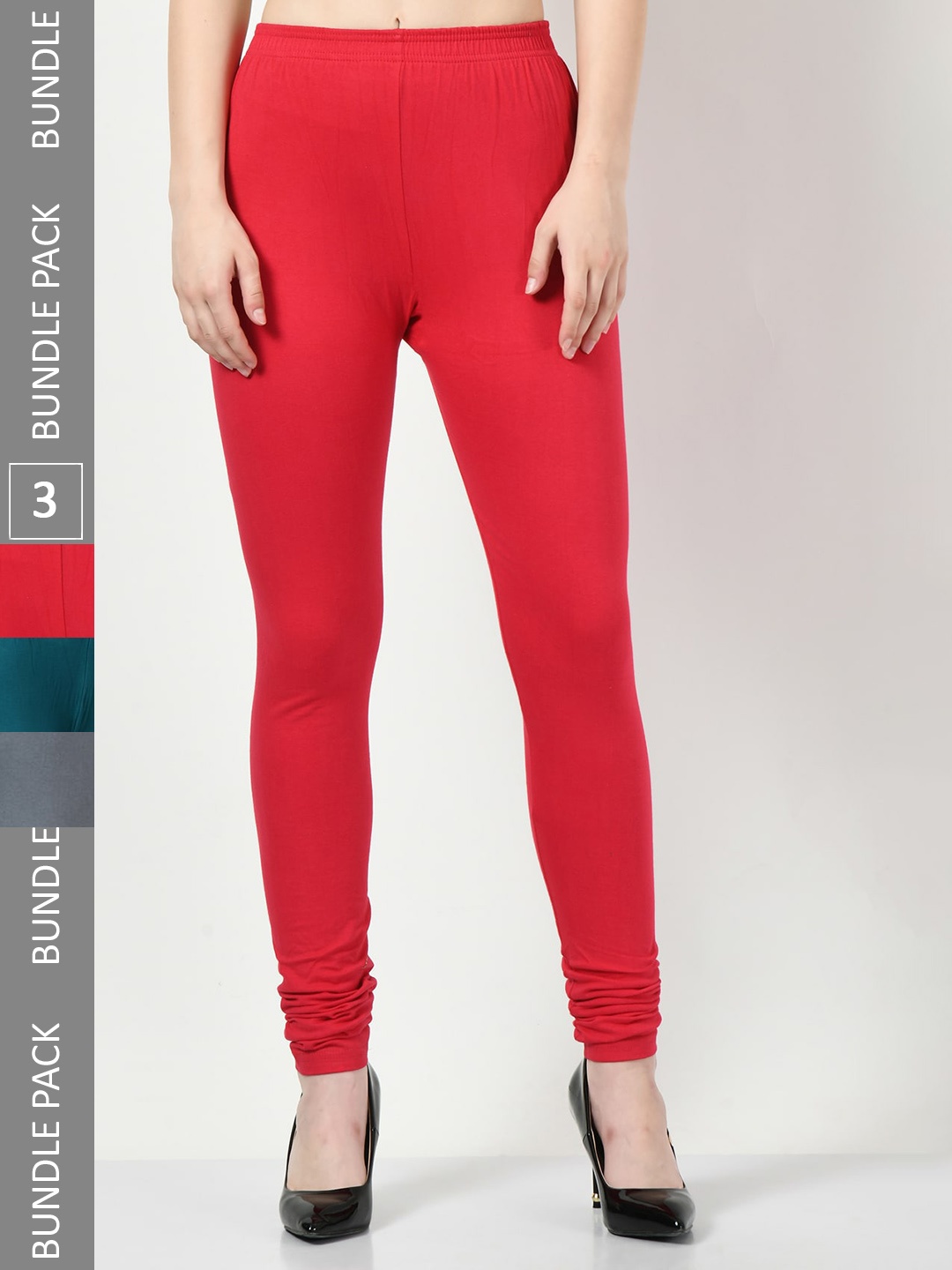 

BAESD Pack Of 3 Slim-Fit Churidar-Length Cotton Leggings, Red