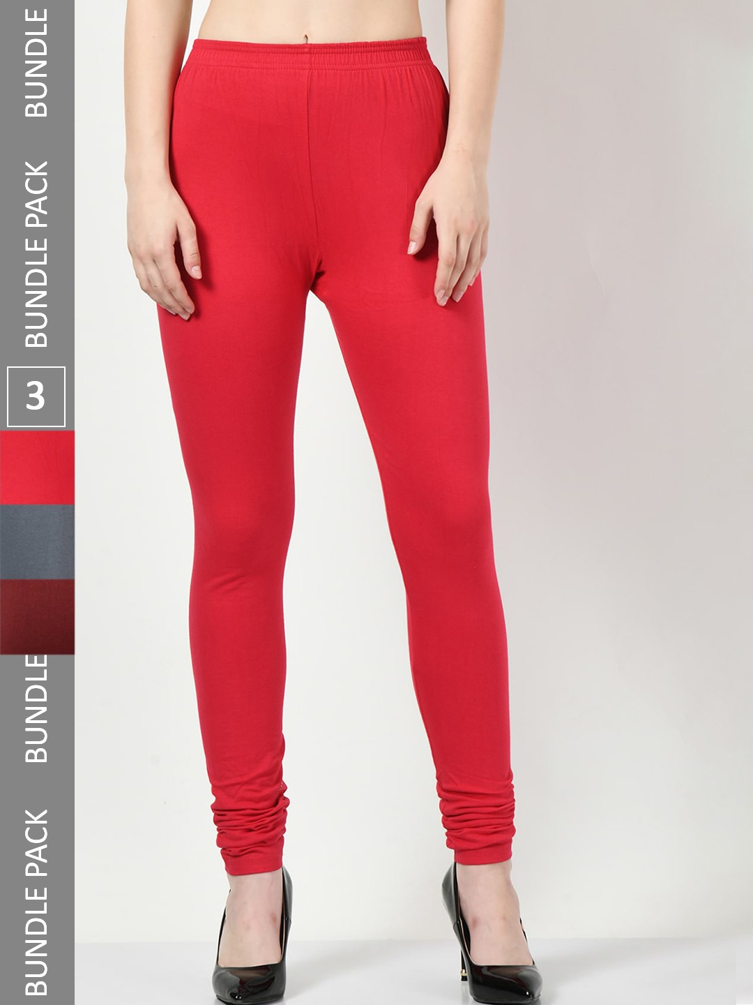 

BAESD Pack Of 3 Cotton Lycra Churidar Length Leggings, Red
