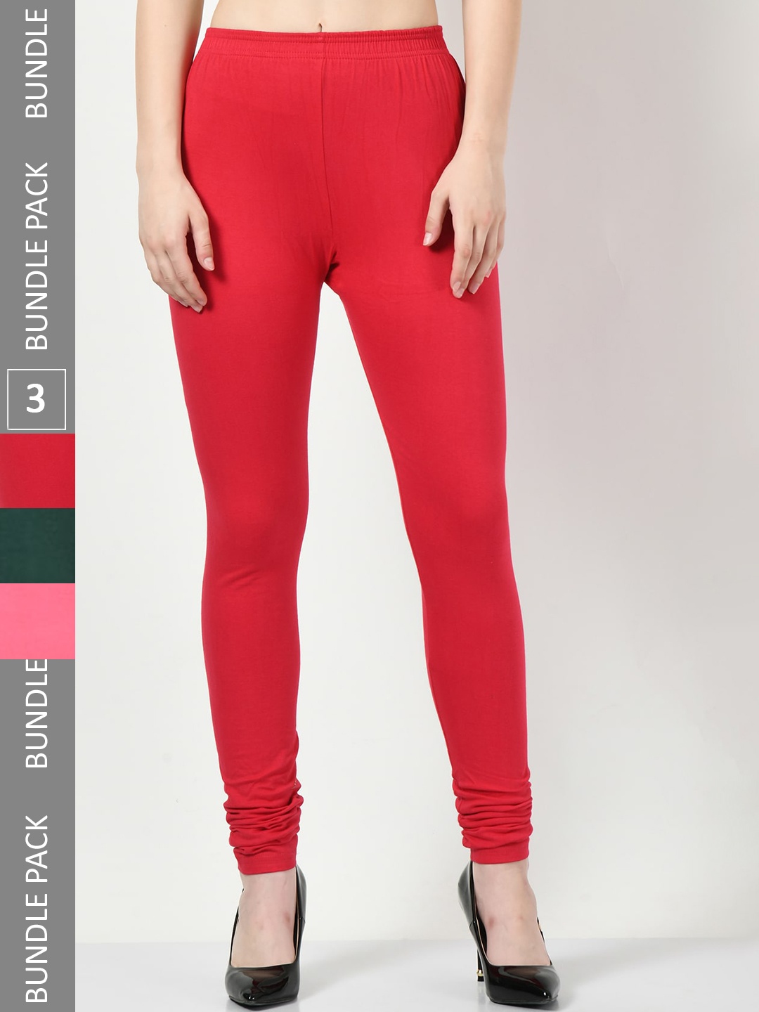 

BAESD Pack Of 3 Mid-Rise Cotton Lycra Churidar Length Leggings, Red