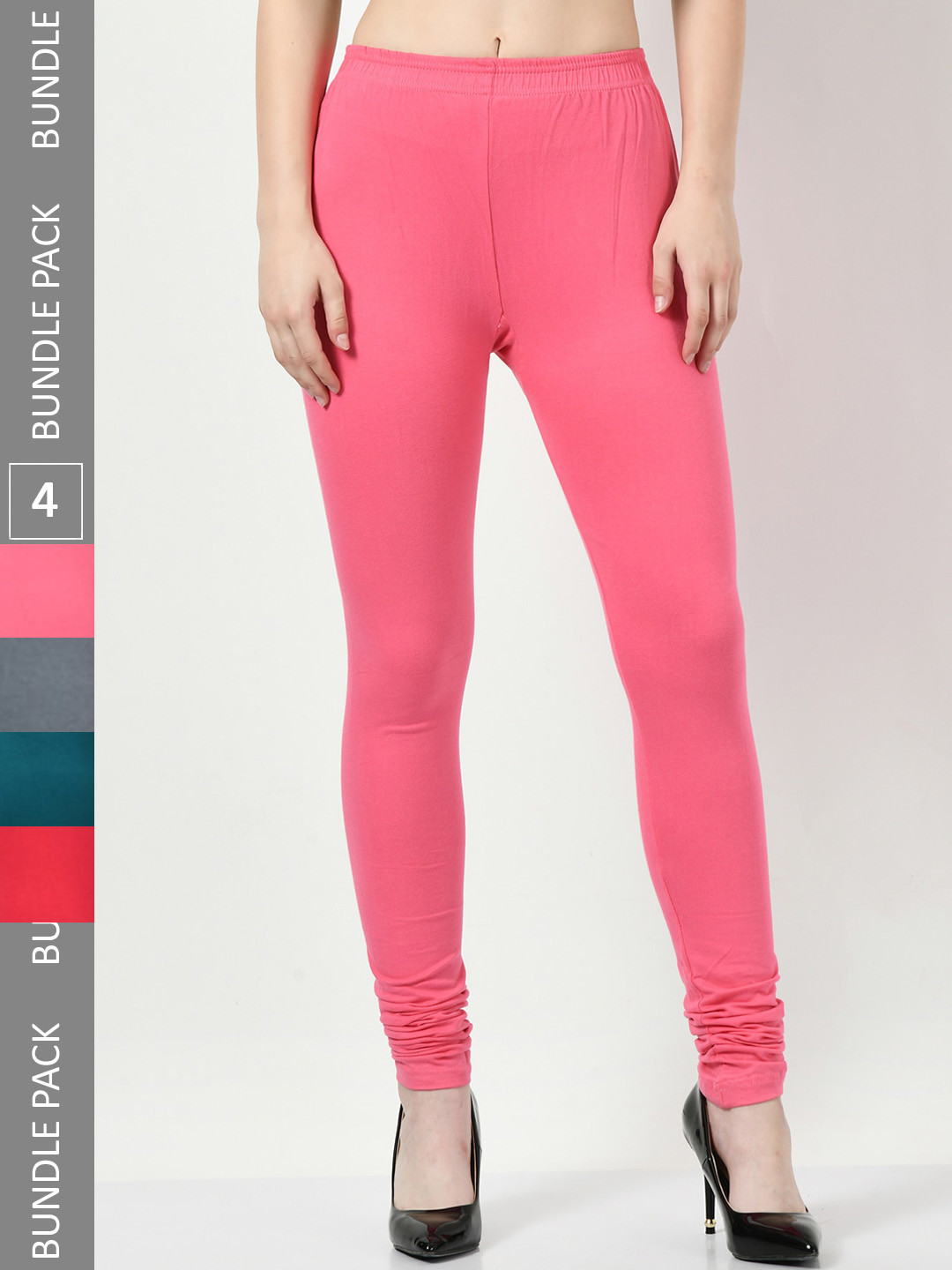 

BAESD Pack Of 4 Mid-Rise Cotton Lycra Churidar Length Leggings, Pink