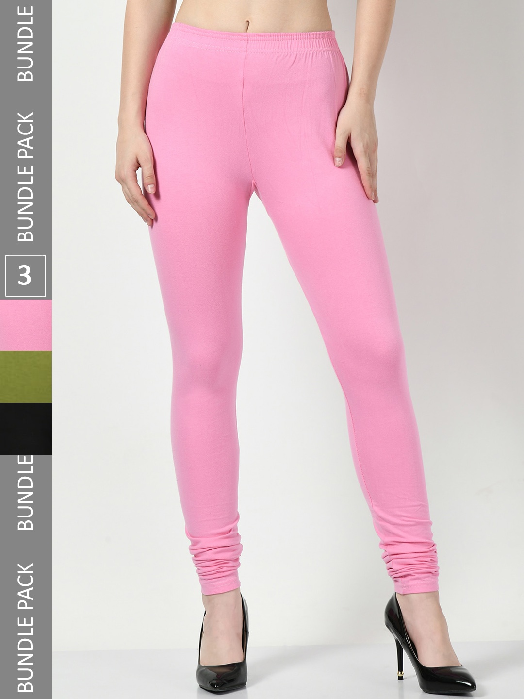 

BAESD Pack Of 3 Mid-Rise Cotton Lycra Churidar Length Leggings, Pink