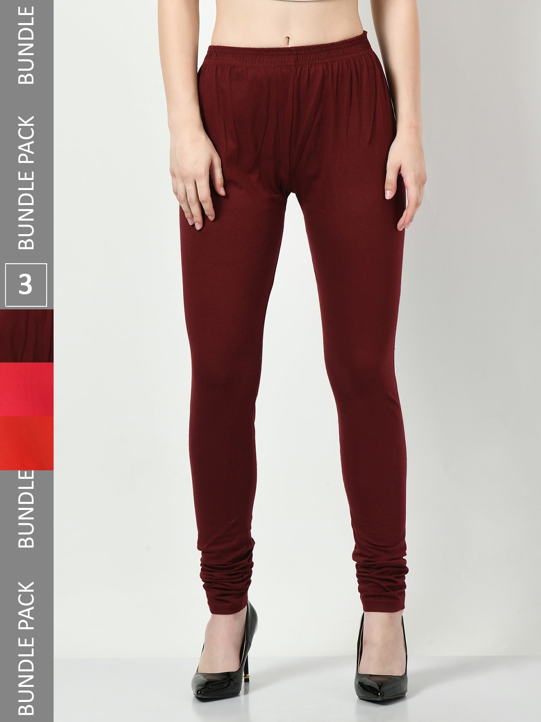 

BAESD Pack Of 3 Mid-Rise Cotton Lycra Churidar Length Leggings, Maroon