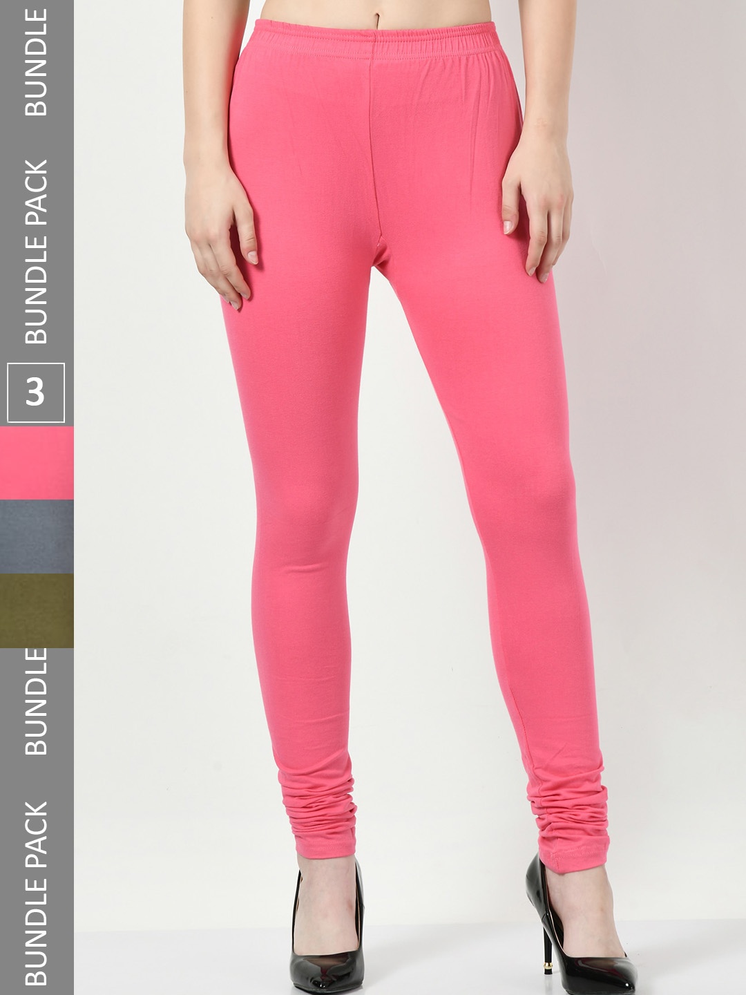

BAESD Pack Of 3 Cotton Lycra Churidar Length Slim Fit Leggings, Pink