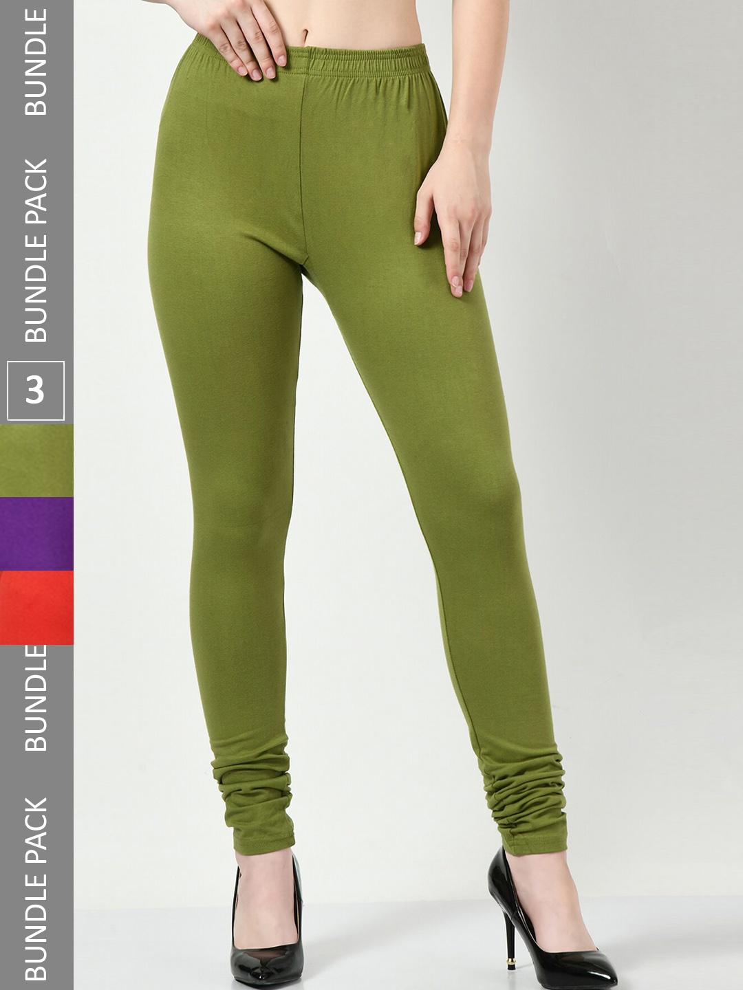 

BAESD Women Pack Of 3 Slim-Fit Churidar-length Leggings, Green