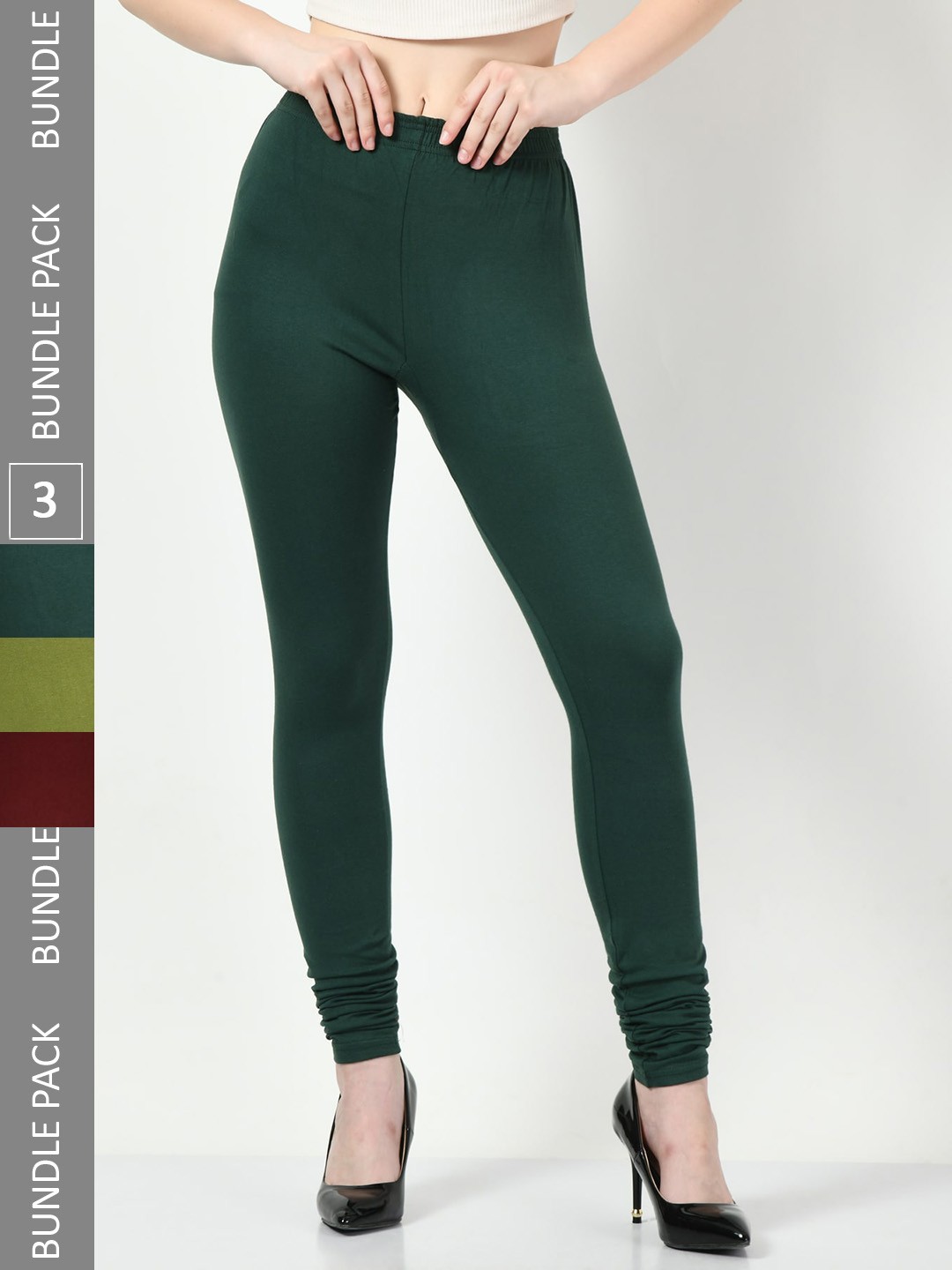 

BAESD Women Pack Of 3 Churidar Length Leggings, Green