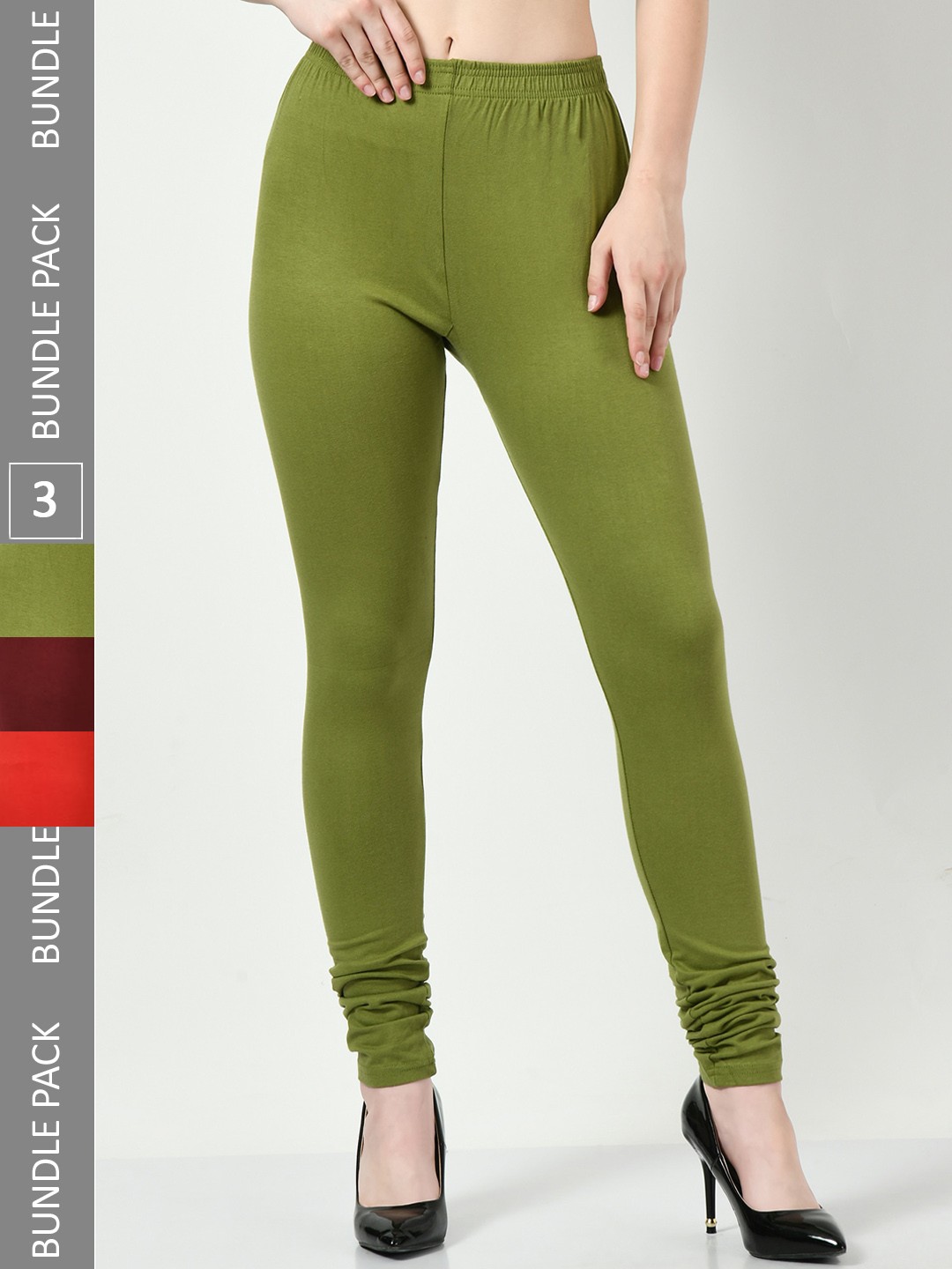 

BAESD Pack Of 3 Cotton Lycra Churidar-Length Leggings, Green