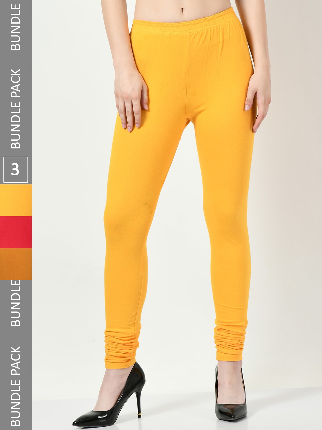 

BAESD Pack Of 3 Mid-Rise Churidar-Length Cotton Lycra Leggings, Yellow