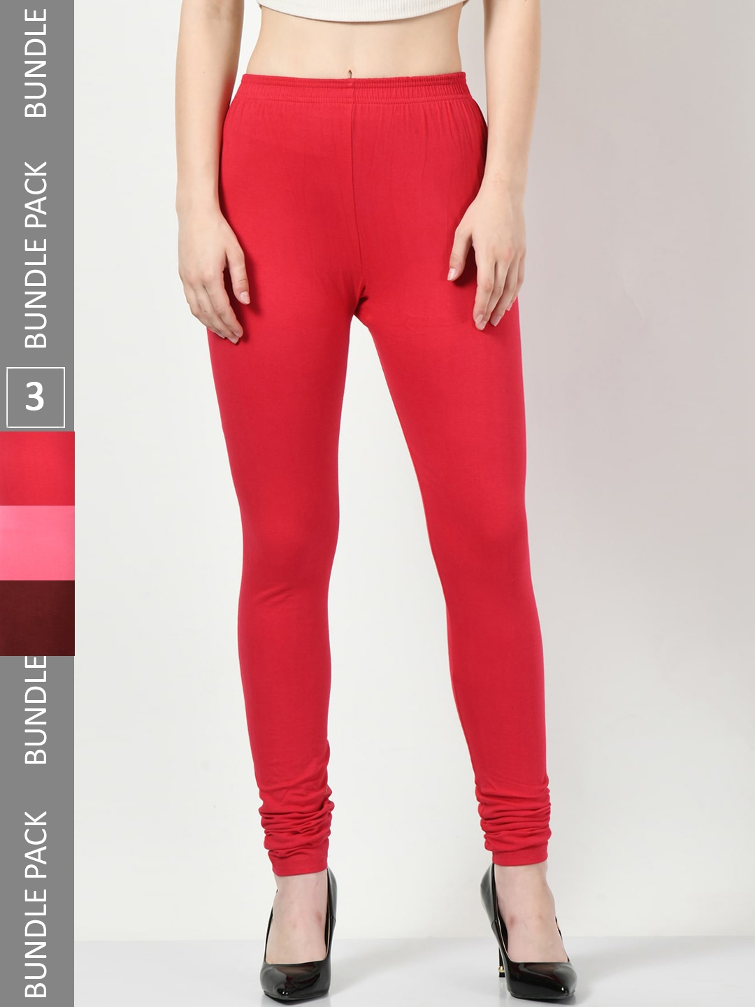 

BAESD Pack Of 3 Slim Fit Churidar-Length Cotton Lycra Leggings, Red