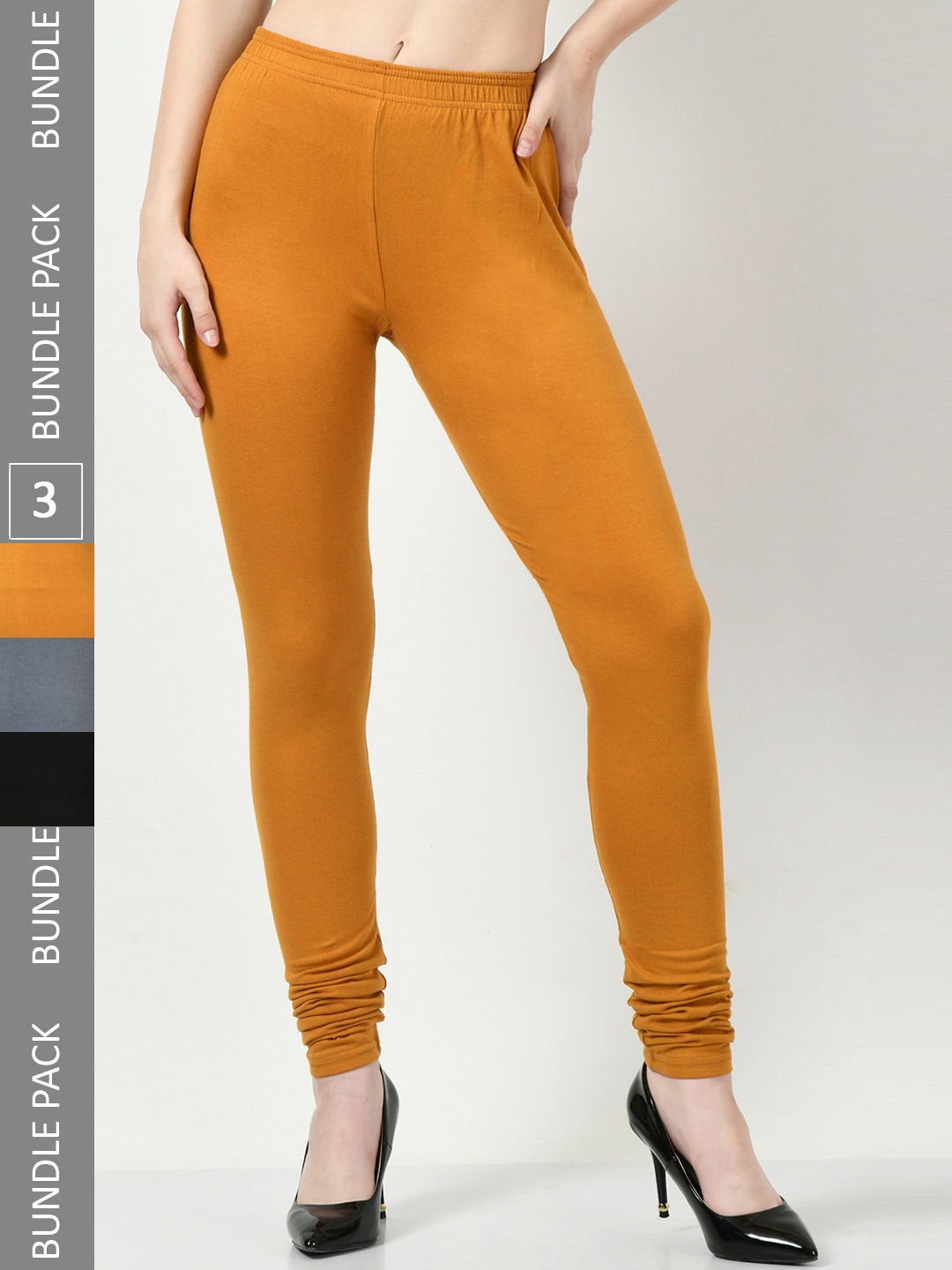 

BAESD Women Pack Of 3 Churidar Length Leggings, Mustard