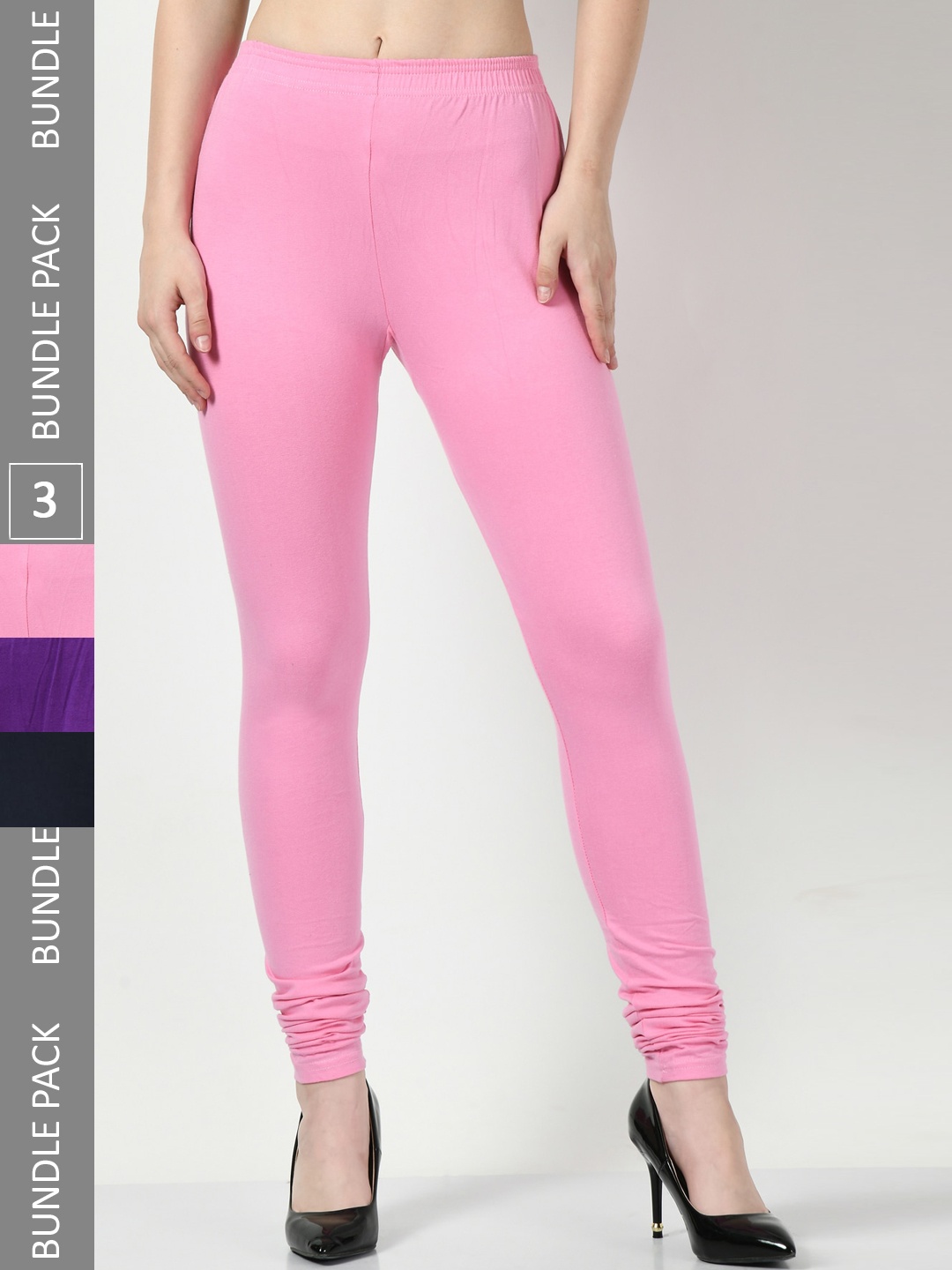 

BAESD Women Pack Of 3 Churidar Length Cotton Leggings, Pink