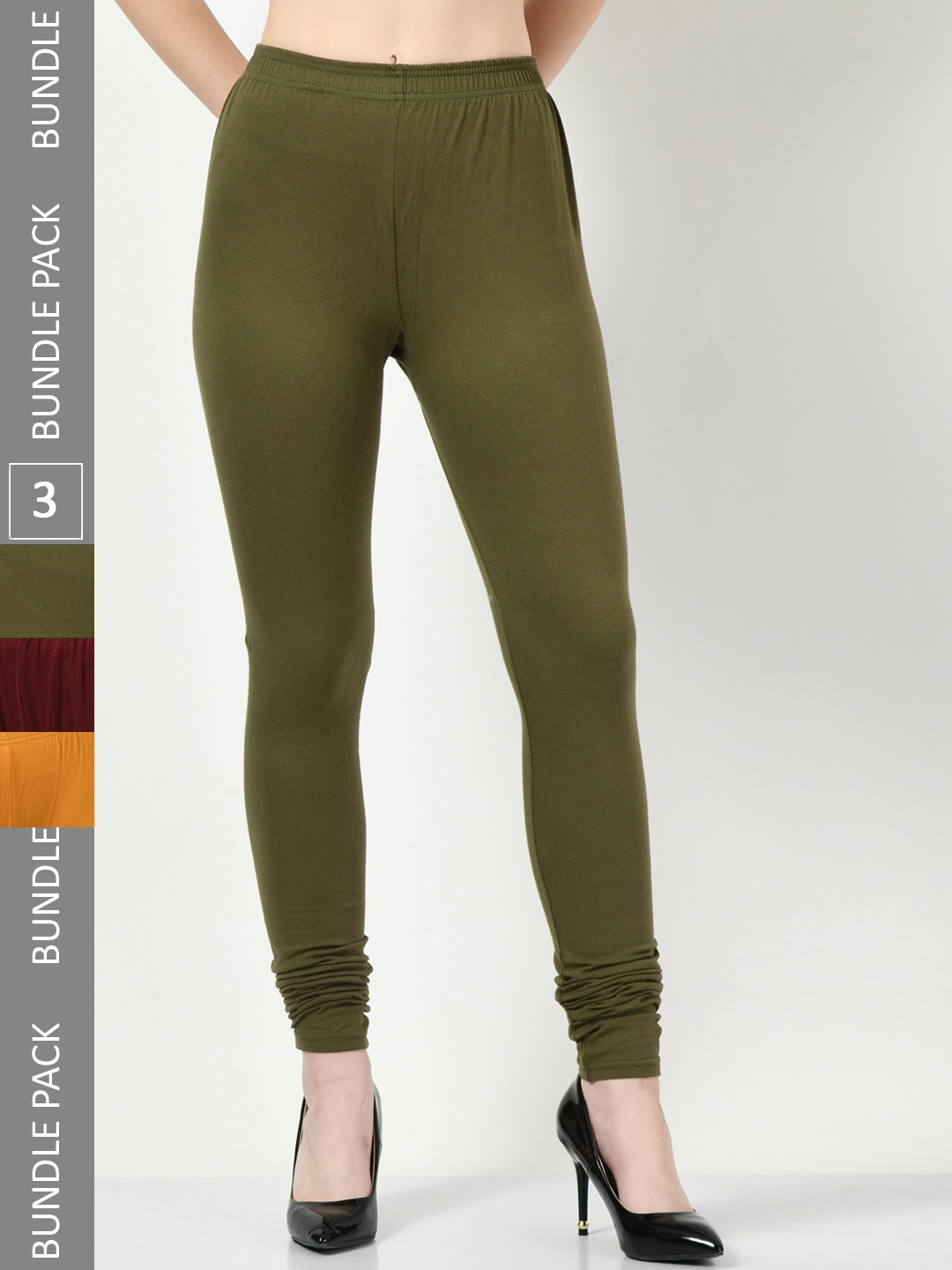 

BAESD Pack Of 3 Cotton Lycra Churidar Length Slim Fit Leggings, Olive