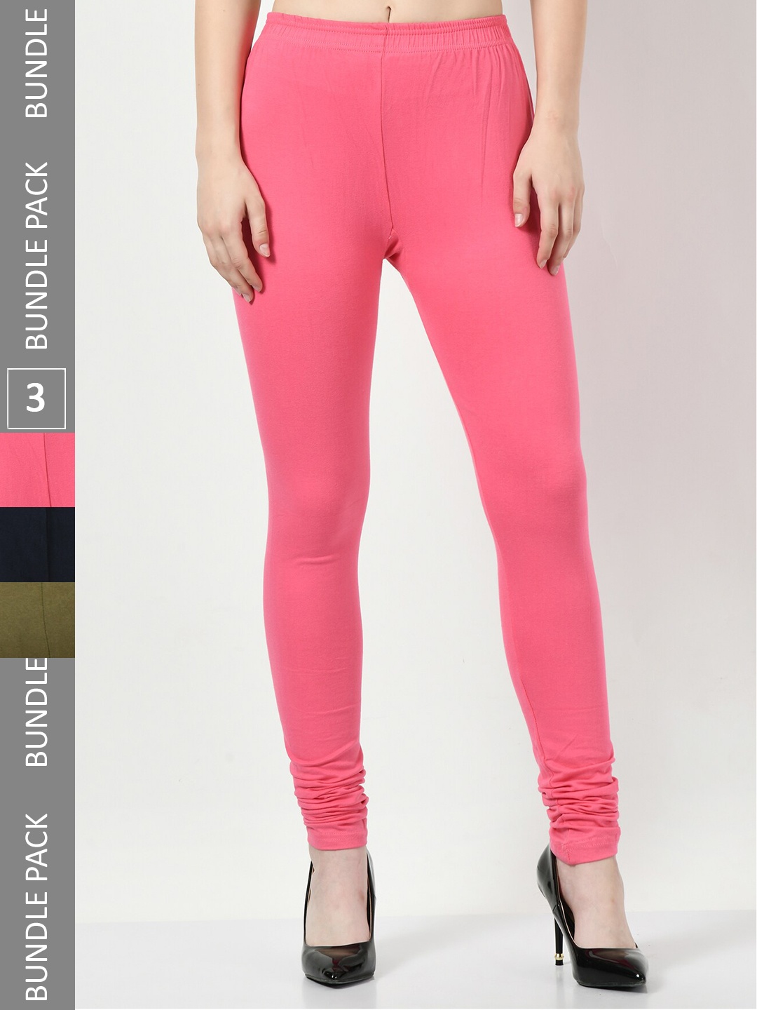 

BAESD Pack Of 3 Cotton Lycra Churidar Length Slim Fit Leggings, Pink
