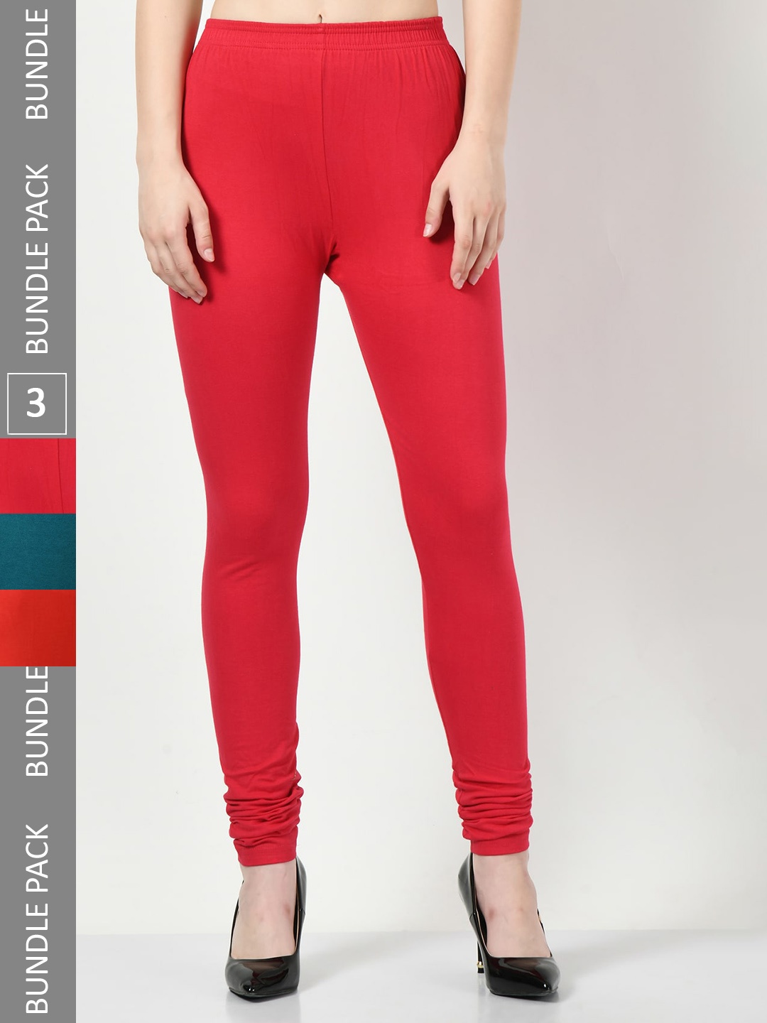 

BAESD Pack Of 3 Churidar-Length Cotton Lycra Leggings, Red
