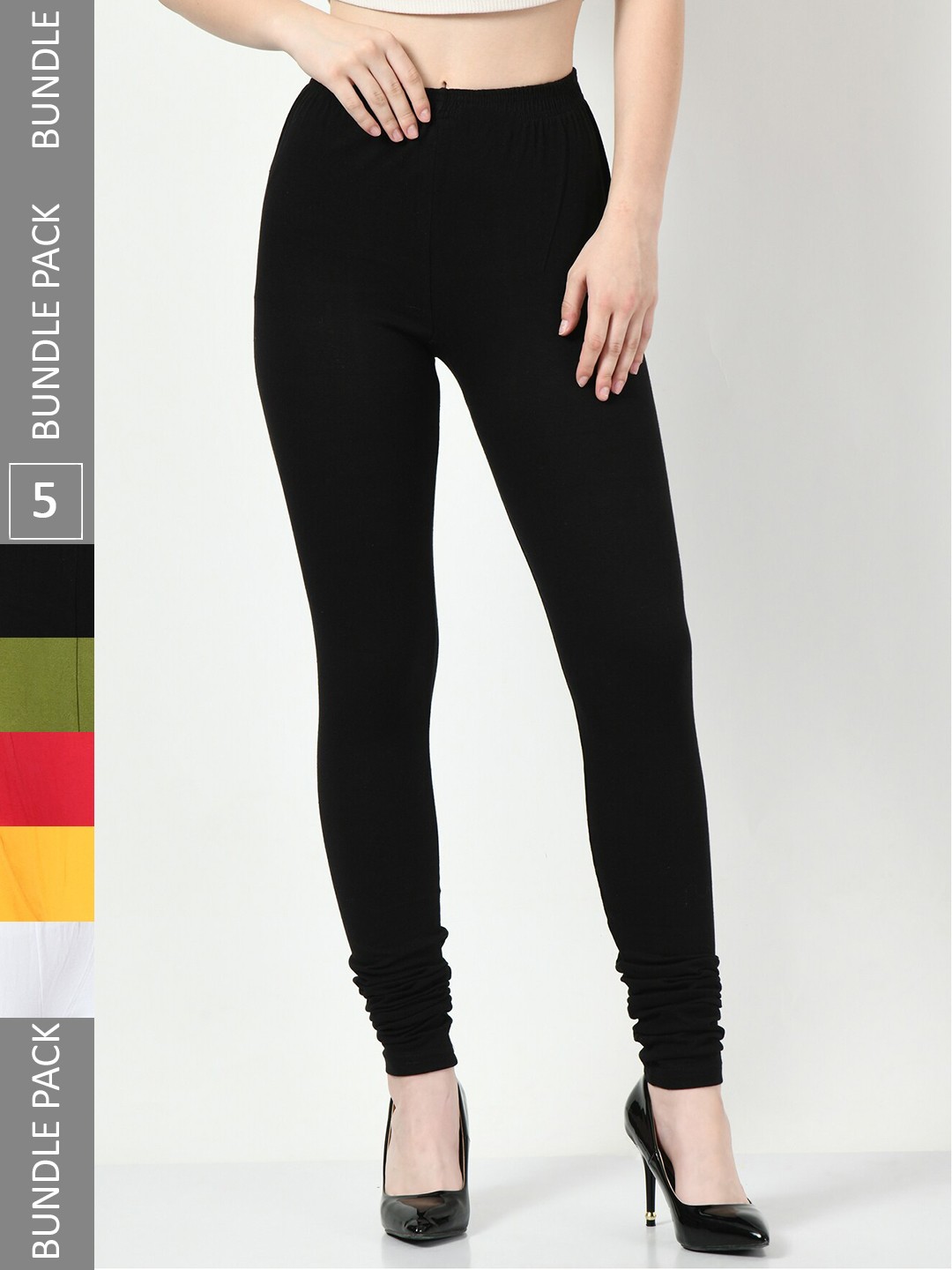 

BAESD Pack Of 5 Soft Churidar-Length Cotton Lycra Leggings, Black