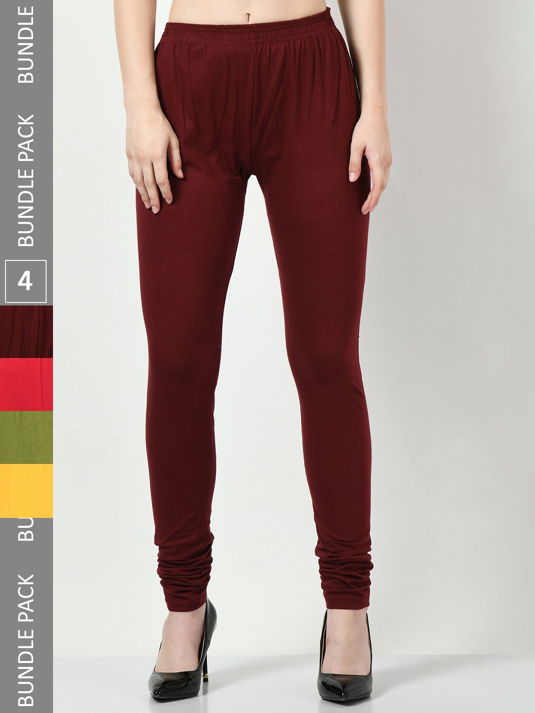 

BAESD Pack Of 4 Mid-Rise Cotton Lycra Churidar Length Leggings, Maroon
