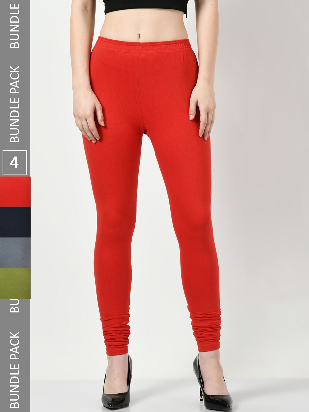 

BAESD Pack Of 4 Slim-Fit Super Soft Churidar-Length Cotton Lycra Soft Leggings, Red