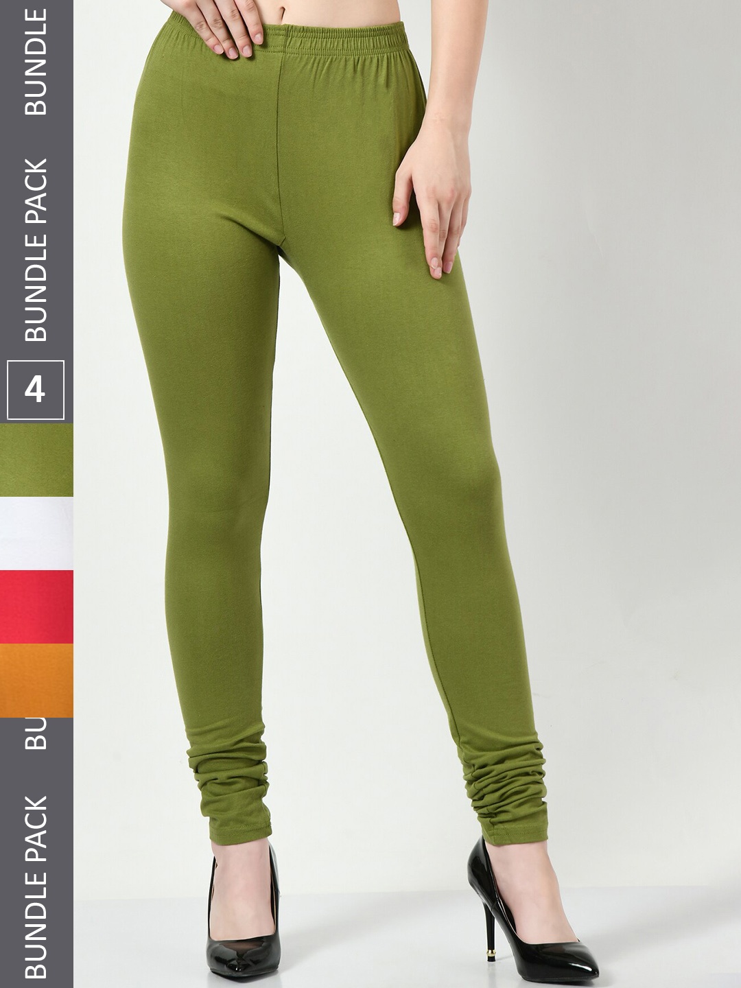 

BAESD Pack of 4 Cotton Lycra Churidar-Length Leggings, Olive