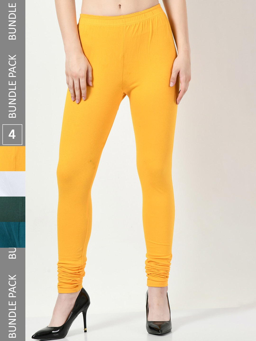 

BAESD Pack Of 4 Mid-Rise Cotton Lycra Churidar Length Leggings, Yellow