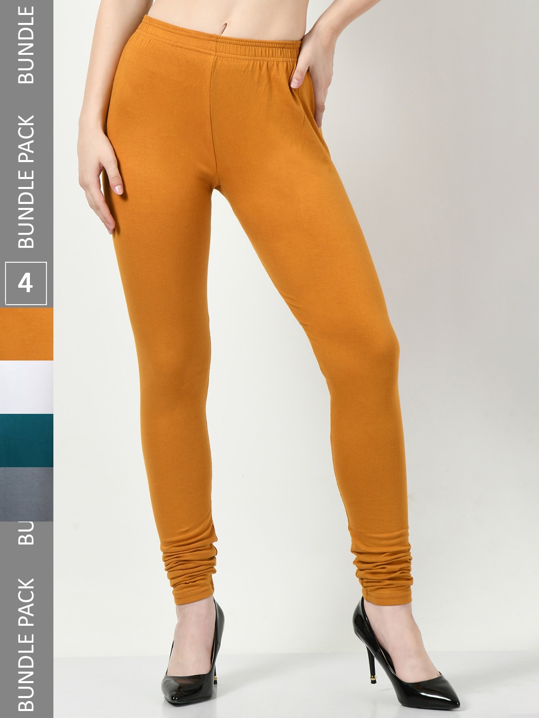 

BAESD Pack Of 4 Slim-Fit Churidar-Length Cotton Lycra Leggings, Mustard