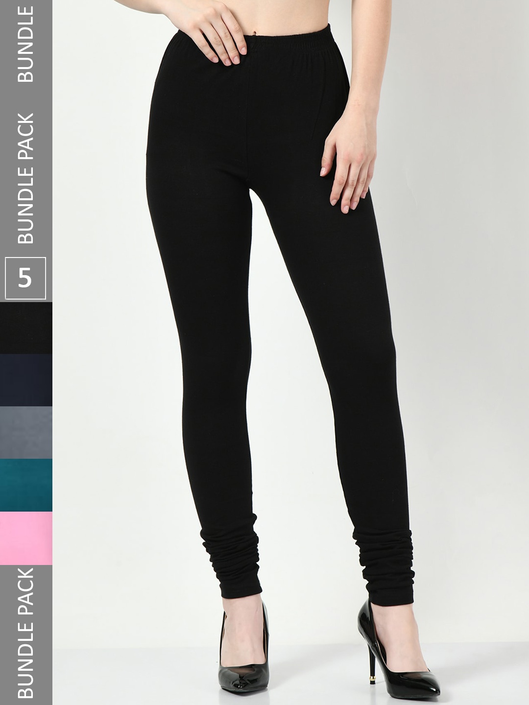 

BAESD Pack Of 5 Slim-fit Churidar-Length Cotton Lycra Leggings, Black
