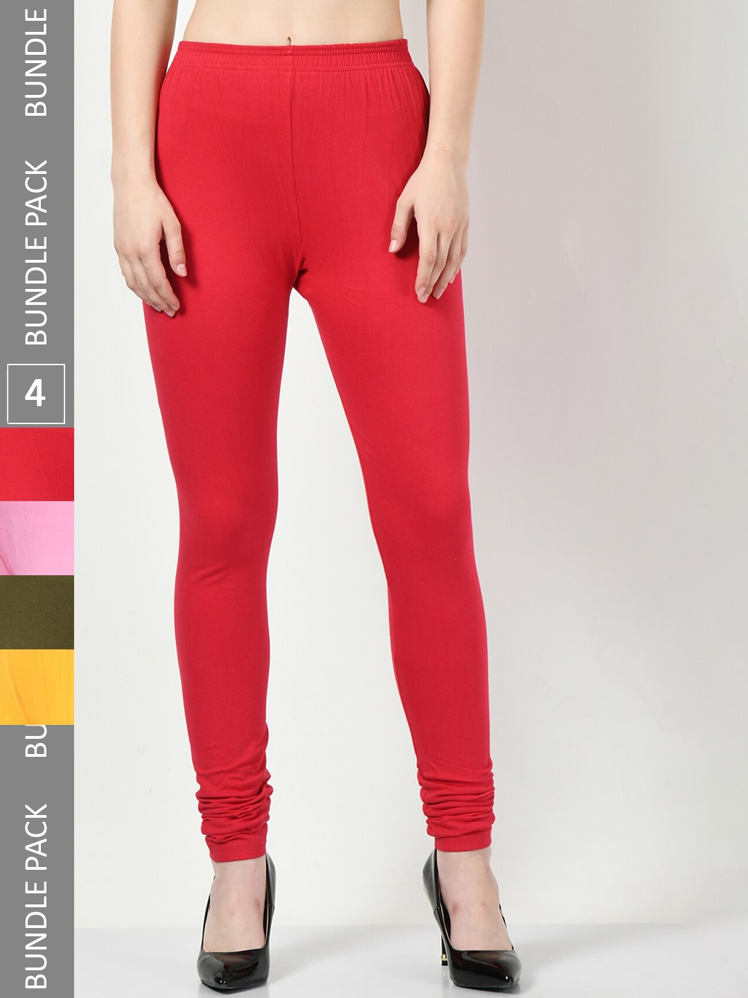

BAESD Pack Of 4 Super Soft Churidar-Length Slim-Fit Cotton Lycra Leggings, Red